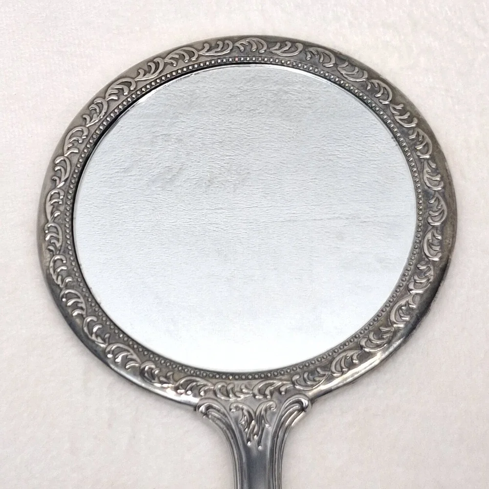 Ornate Silver-Tone Floral Metal Handheld Vanity Mirror Approx. 9 in